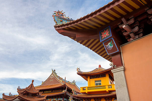 A vibrant traditional Chinese pagoda under a clear blue sky, showcasing intricate architectural details and cultural heritage. The main scene features the pagoda's ornate structure, highlighting its historical significance and aesthetic appeal. The visual style is bright and colorful, evoking a sense of tranquility and cultural richness. This image can be used for educational purposes, travel promotions, or cultural exhibitions.