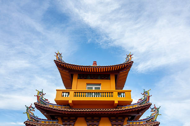 A vibrant yellow temple roof adorned with intricate dragon statues under a clear blue sky. The architectural detail showcases traditional Chinese design elements, offering cultural and aesthetic value.
