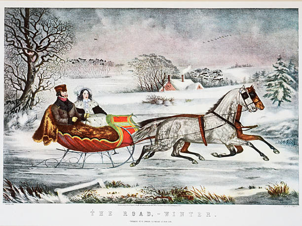 Currier and Ives horses pulling a sleigh with two people
