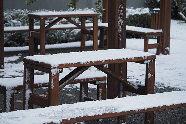 Snow covers benches in a peaceful park during wintertime.