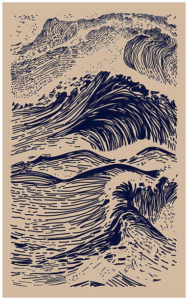 Stormy ocean wave line art print. Abstract vector illustrations of contemporary aesthetics portraying the raw power and movement of turbulent seas.