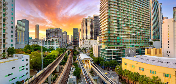 istock Aerial scene of Miami Brickell elevated railroad and passing commuter train between tall buildings and glowing sunset in Florida, USA 2252759829