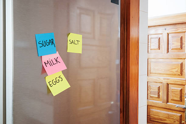 istock Sticky notes with shopping list reminding ingredients on kitchen refrigerator door 2252769227