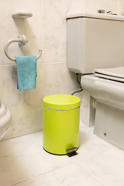 istock Green trash can in modern clean bathroom interior 2252769638