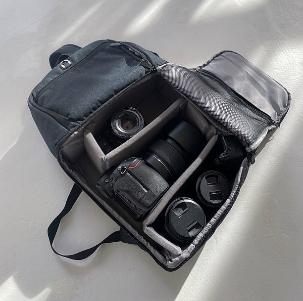 istock A camera backpack is open, showing a camera and lenses arranged inside, with good lighting 2252772701