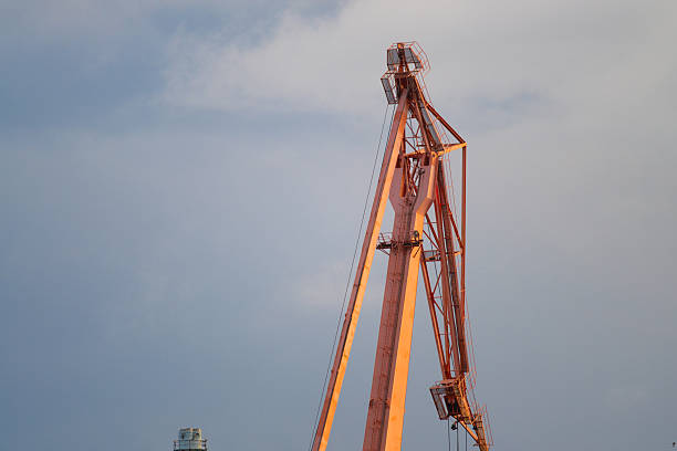 Industrial harbor crane rising against dark evening sky