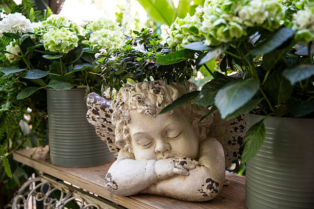 Romantic garden design. A charming sleeping cherub statue surrounded by green hydrangeas