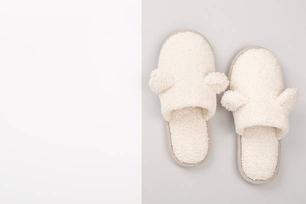 istock Soft teddy slippers on color background, top view 2252776093