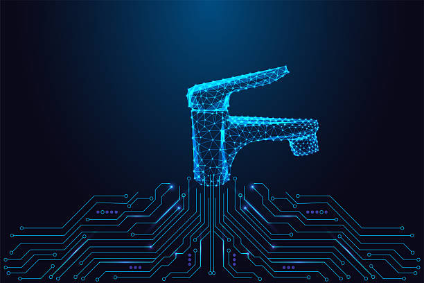istock Glowing digital water faucet on circuit board, smart water and plumbing tech vector 2252779179
