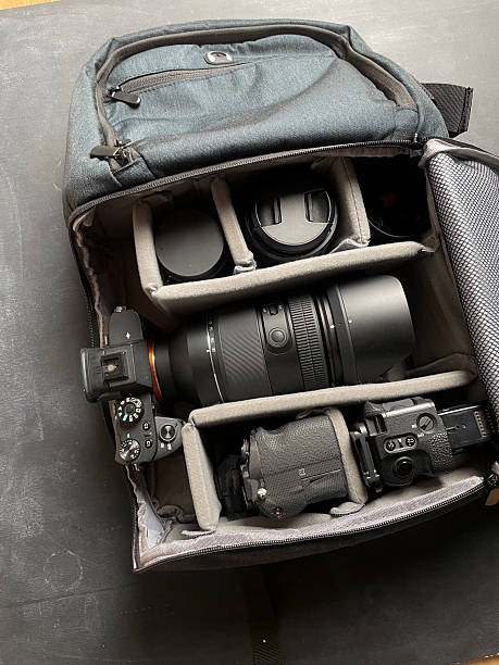 istock Setup shows a well-organized camera bag containing lenses, a camera body, and essential accessories 2252782437