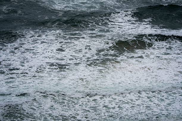 Large wind driven waves roll toward the shoreline as seen from above, capturing the dynamic energy of the ocean and the dramatic conditions of a blustery coastal day