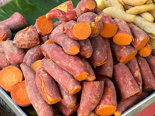 close up cassava boiled in market