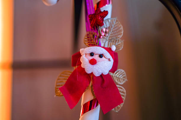 Close-up view of a Christmas tree with lighting decorations in Kathmandu, Nepal.