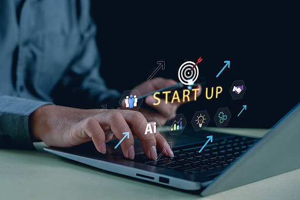 istock Startup business and artificial intelligence concept with hands typing on laptop and virtual icons, showing digital growth, target, teamwork, innovation, strategy, and online success. 2252800432