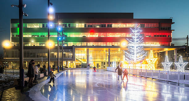 Windsor, Ontario, Canada - December 17, 2025:  The Windsor, Ontario City Hall free outdoor community skating rink decorated for the Christmas Holiday.