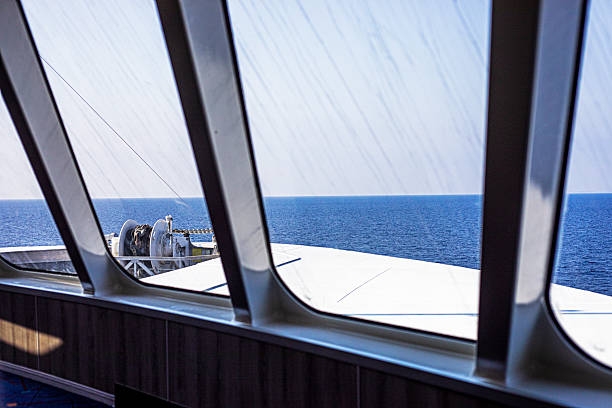 Sea view from a dirty cruise ship window