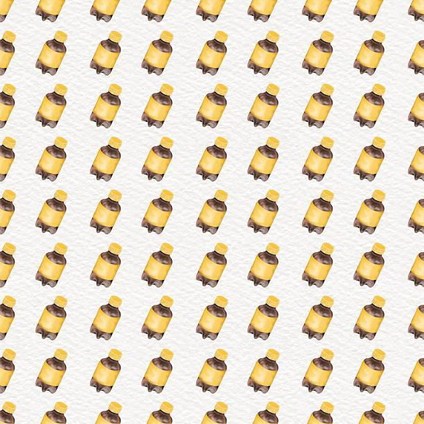 Seamless repeating pattern featuring yellow-labeled soda bottles arranged diagonally on a light textured background. Playful and modern design suitable for packaging, wallpaper, textiles, and branding.