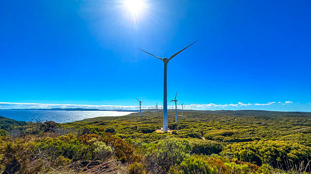 istock Coastal Landscape With Wind Turbines Under A Bright Blue Sky And Sun 2252808704
