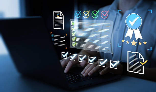 istock Business person in computer doing online data documentation checklist survey. Productivity document check approval and filling survey form online.Fast checklist,clipboard task business management. 2252817073