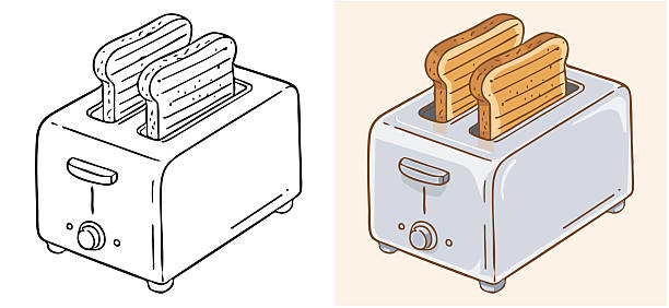 Vector illustration of a kitchen toaster with two slices of toast. Includes a colored version and a black and white line art version. Ideal for breakfast menus, kitchen icons, and culinary designs.