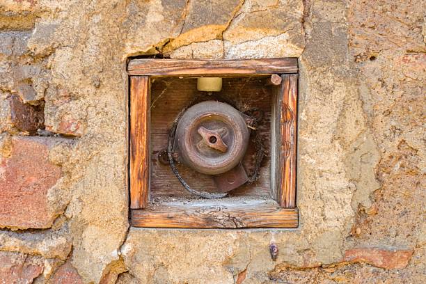istock Vintage Wooden Light Switch on Rustic Brick Wall 2252834910