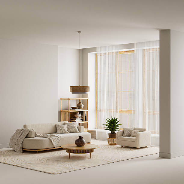 istock Warm daylight and natural textures shape this minimalist interior, where soft materials and wooden details combine with open negative space to create a clean and visually quiet environment 3D illustration 2252835770