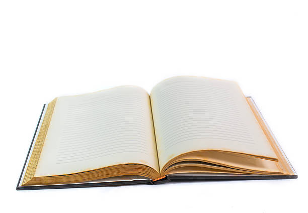 Open vintage notebook featuring blank lined pages with aged yellow paper. Isolated on white, this classic diary is perfect for text mockups and retro designs.