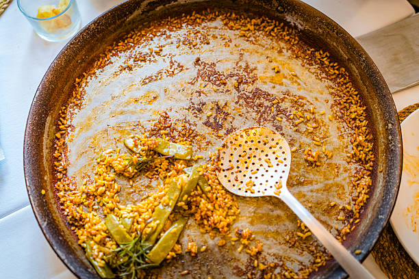Close-up of boiling broth in the preparation of a dish of Spanish gastronomy, a Paella