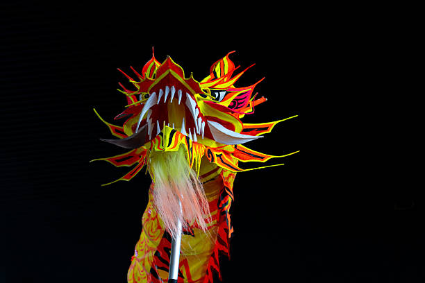 Vibrant yellow and red Chinese dragon puppet head with sharp teeth and fur, used for traditional Lunar New Year dances.