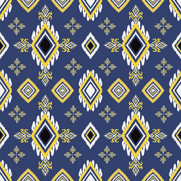 istock Bold Diamond Ikat Pattern in Navy Blue and Yellow with Tribal Ethnic Accents 2252848764