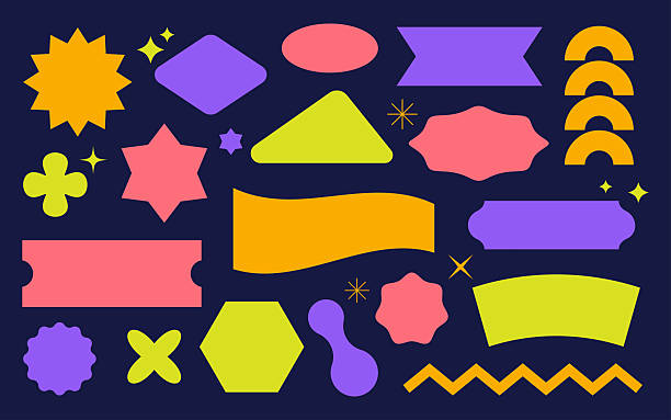 A bold and playful collection of abstract geometric shapes displayed in vibrant colors on a dark background. The set features starbursts, labels, banners, rounded forms, polygons, decorative icons, and organic shapes inspired by modern graphic and brutalist design. Ideal for branding, marketing materials, posters, packaging, social media graphics, web design, templates, and creative visual compositions.