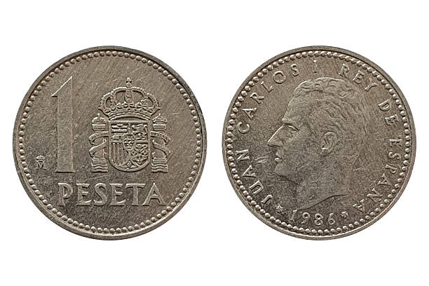 Vintage Spanish 1 peseta coin from 1986, shown with obverse and reverse sides, isolated on a white background. Modern currency and collectible coin