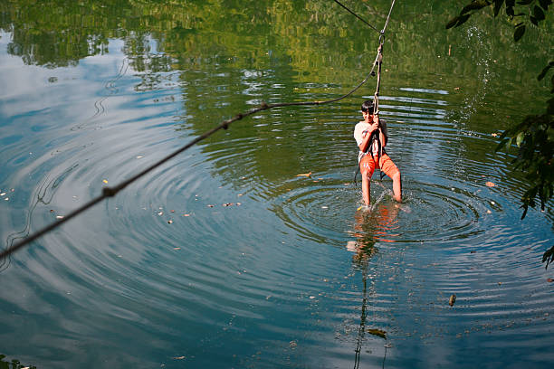A teen boy participating in a Ziplining adventure activity near a forest lake, with safety harness support. The scene highlights childhood adventure, outdoor recreation, confidence building, and eco-tourism in a natural setting at Sattal, Uttarakhand, India.