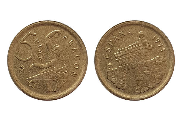 1994 5 Pesetas Coin Obverse and Reverse Isolated on White