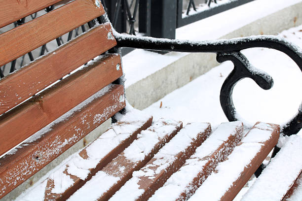 Park bench featuring wooden slats and black metal frame covered in white snow