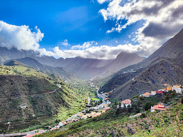 istock Scenic mountain valley with colorful village under dramatic clouds and blue sky. Rural landscape of Hermigua, La Gomera, Canary Islands, Spain 2252866978