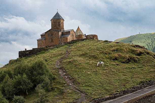 Tsminda Sameba church in the Caucasus mountains, Georgia