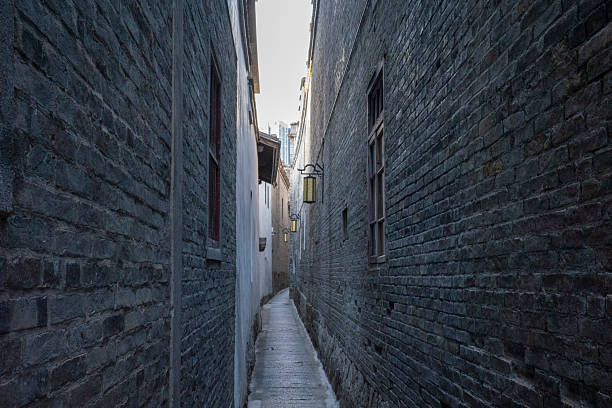 A serene and atmospheric alleyway with weathered brick walls and a cobblestone path, evoking historical charm and tranquility. Potential for use in travel, architecture, or historical contexts.