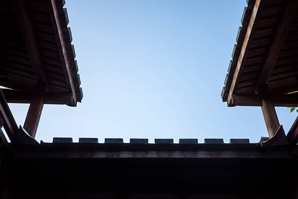 A close-up view of intricately designed traditional Chinese roof eaves under a clear sky, showcasing cultural heritage architecture. The visual style is serene and elegant, highlighting the craftsmanship and aesthetic appeal of ancient Chinese buildings. This image can be used for architectural studies, cultural exhibitions, or design inspiration.