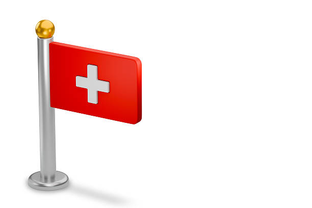 Switzerland national flag symbol on a pole with a golden finial on white background. 3d rendering