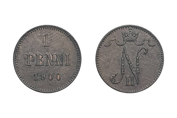 Vintage Finnish 1 penni coin dated 1900, shown with obverse and reverse sides, isolated on a white background. Historic currency and numismatic collectible