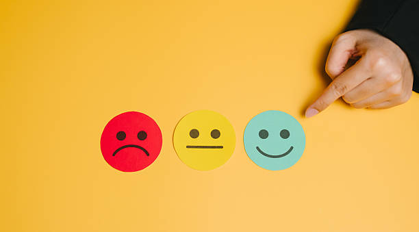 istock Feedback concept. Happy face, neutral face, sad face on yellow background with hand pointing at happy face, positive emotion concept 2252874297