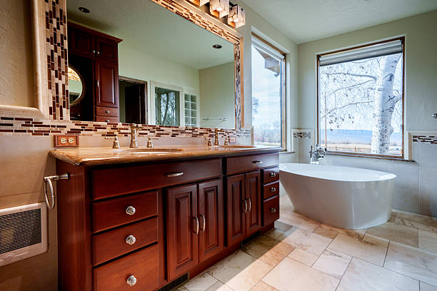 istock Home Showcase Bathroom With Freestanding Bathtub And Double Vanity 2252874827
