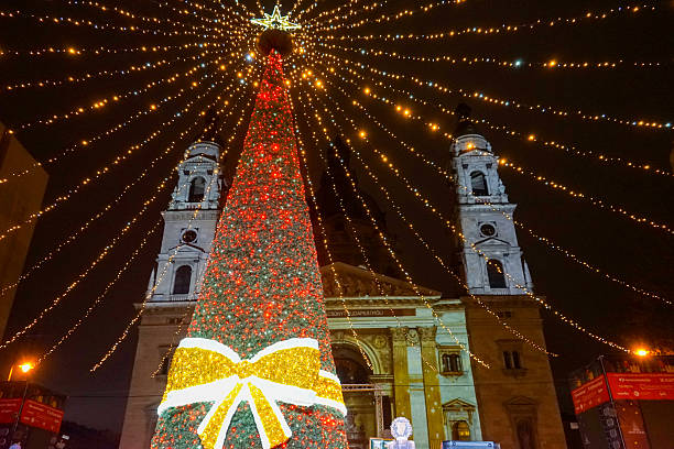 Illuminated Christmas tree and light-net at St. Stephen's Basilica Advent market, Budapest
