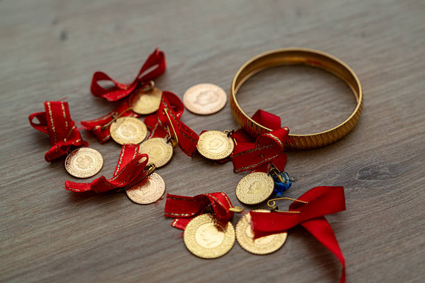 Gold bracelets in the woman's hand