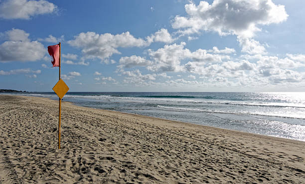 istock Ocean Sand Beach Scene - Red Warning Flag on Empty Sandy Beach Under Cloudy Sky 2252886612