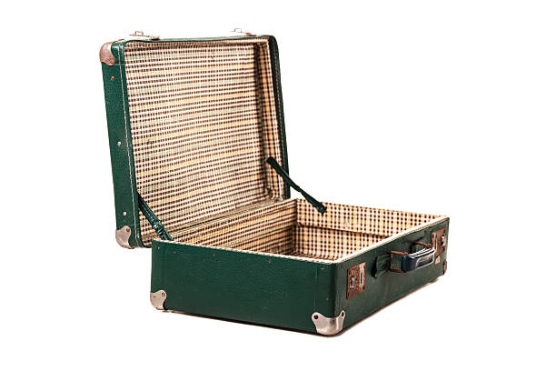 A vintage green suitcase sits open, revealing a checkered lining inside. Its classic design showcases travel history and is perfect for collectors and nostalgic travelers.