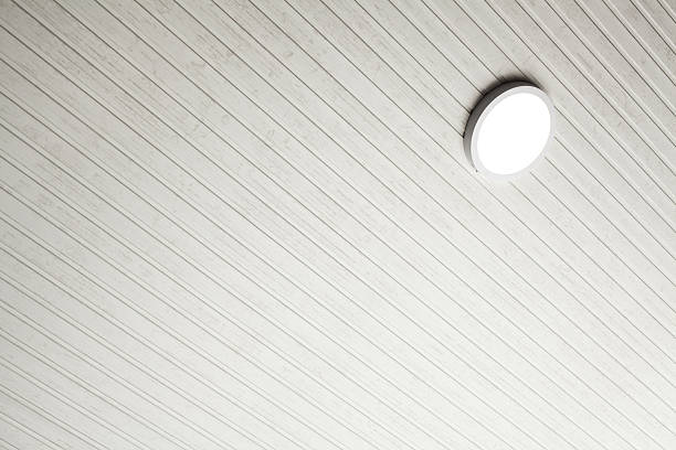 A newly designed ceiling showcases a clean, white wood panel finish with a round light fixture. The space has a bright and airy feel, ideal for contemporary settings.