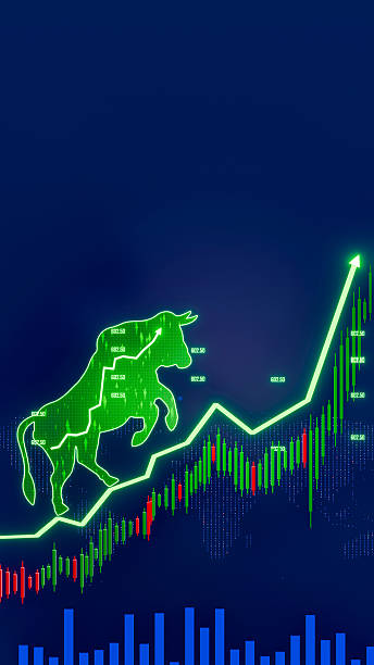 Stock market bull run concept with green neon bull and ascending graph symbolizing strong demand economic growth and investor optimism 3D Rendering