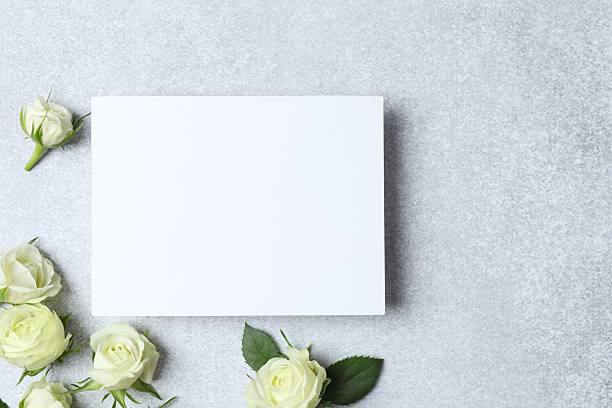 istock Beautiful white roses with paper card on light background 2252899299